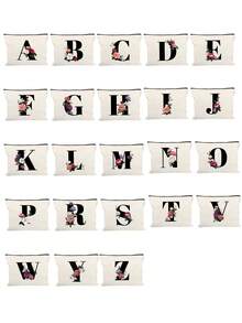 1个首字母印花字体女士化妆包，白色小包，字母A-Z，化妆包，便携式盥洗包，可重复使用化妆包，女士简约大容量旅行化妆包 - 白色 - 查看 2