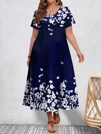 Plus Size Women Floral Print Knitted Fabric Sleeveless V-Neck Casual And Formal Party Dress, Spring/Summer