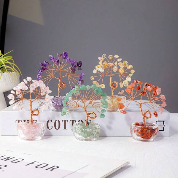1pc Handcrafted Mini Crystal Flower Tree | Natural Crushed Stone, Glass Encased, Desktop Decor, Home Ornament, Solid Format
