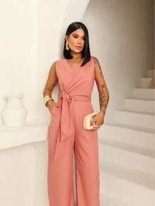 Long Wrap Jumpsuit With V-Neckline - Rose Blush - View 5