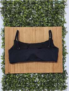 Bikini Top Simple Bandeau Thin Straps With Removable Pads And Separate Polyamide Adjuster - Black - View 2