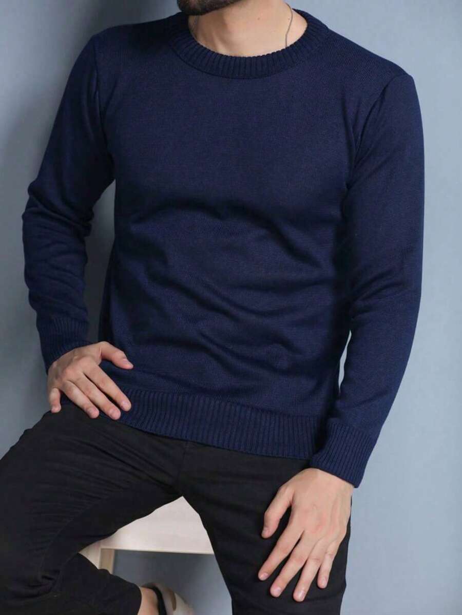 Sueter tricot masculino casaco blusa de frio gola redonda manga longa blusa de Lã