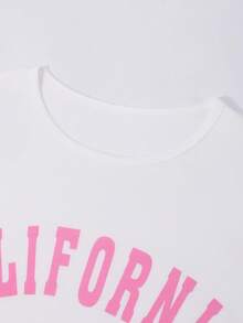 Bộ đồ 2 món mùa xuân/hè dành cho nữ tuổi teen, áo thun ngắn tay cổ tròn in chữ và quần dài. - Hồng - Xem 5