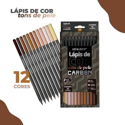 Lápis De Cor Carbon Leo&leo 12 Cores Ponta Resistente Tons - Pele, Metálico, Neon+Pastel