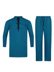 2 Peças Conjunto Dashiki Azul Masculino: Decoração Dupla-Fileira, Recorte em V, Camisa de Manga Longa, Calça de Cintura Elástica, Traje Casual de Estilo Africano, Adequado para Casamento, Festa, Encontro, Uso Diário, Eventos Culturais, Todas as Estações