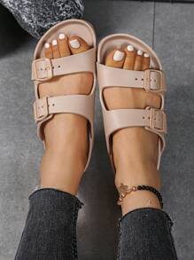 Sandali piatti alla moda da donna beige, con fibbie doppie regolabili in EVA leggeri, slip-on con cuscinetto morbido, antiscivolo e durevoli per uso all'aperto e in spiaggia