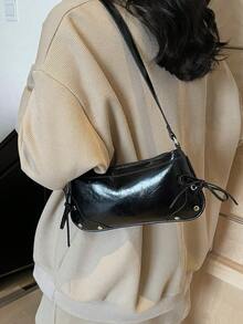 1 pieza Bolso de baguette cruzado/debajo del brazo con decoración de lazo vintage, adecuado para citas, salidas, fiestas y talla grande - Negro - Ver 8
