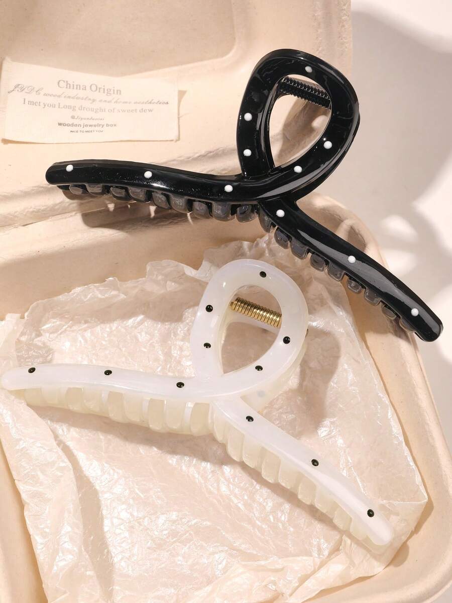 2个经典黑白波点树脂大号一体式发夹，简约休闲发型配饰，发爪夹，发夹，发卡，发夹，发圈，发夹，秋冬发饰，女士度假装扮蝴蝶结，女士夏季装扮 - 彩色 - 查看 1