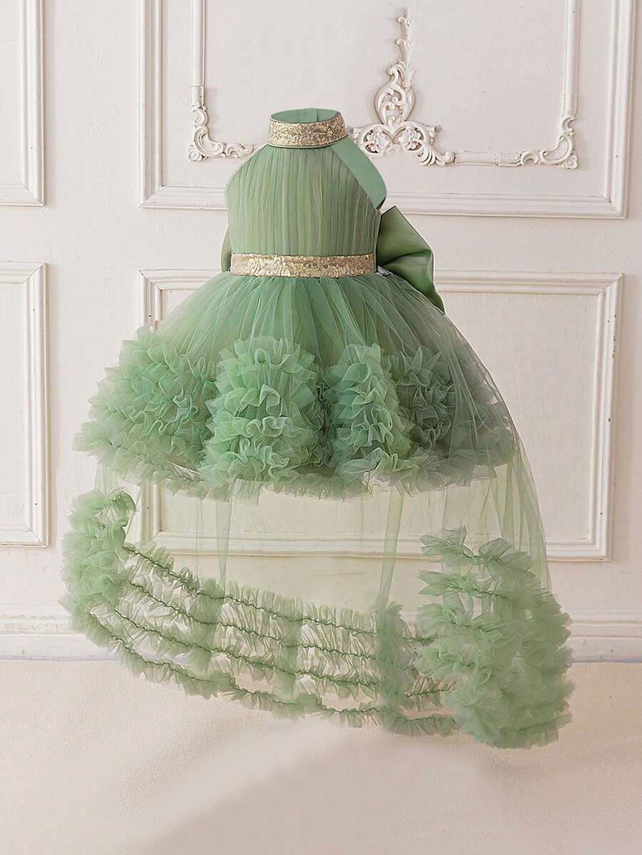女嬰掛脖亮片網紗露背蝴蝶結可愛花童拖尾禮服，不含髮帶 - 綠色 - 查看 1