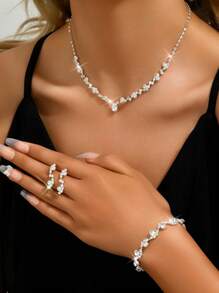 4 pièces/set Ensemble de bijoux de mariée élégant et haut de gamme comprenant un collier, des boucles d'oreilles et un bracelet. Convient pour le mariage, l'anniversaire, les soirées et les accessoires de robe