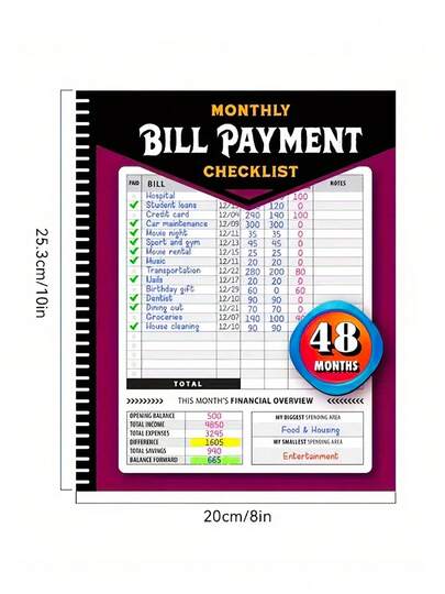 A New Journey Of 48 Months Of Financial Planning! This Bill Payment And Budget Tracking Program Includes A Monthly Financial Organizer Notebook To Help You Clearly Record Your Household Expenditure List. From Income To Expenses, It Provides A Comprehensive Overview, Carefully Made With High-Quality Paper Materials, And All-English Content, Providing You With Up To 48 Months Of Professional Financial Planning Support, Making Family Financial Planning Easy And Efficient.Flat Binding, No Spiral Coil, Easy To StoreSuitable For Home Financial Management And Gift Giving