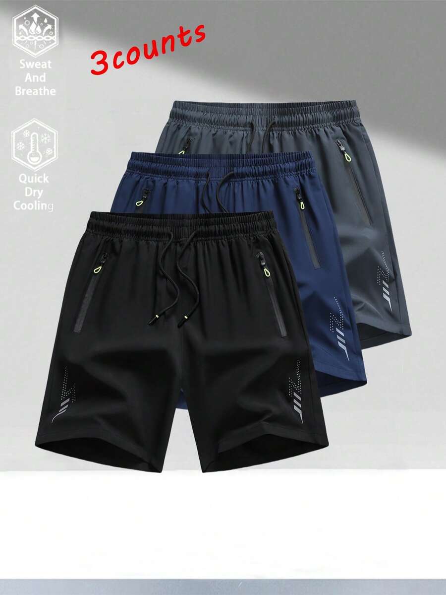 3pcs/Set Men's Outdoor Sports Casual Loose Quick-Dry Shorts With Reflective Strip Design, Suitable For Running And Outdoor Activities Black Summer