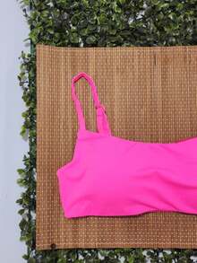 Bikini Top Simple Bandeau Thin Straps With Removable Pads And Separate Polyamide Adjuster - Hot Pink - View 4