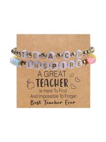 2pcs/Set Teacher's Day Bracelet Set, Fashion Soft Clay CCB Resin Wood Bead & Letter ''INSPIRE TEACH'' Bracelet, Suitable For Daily Wear And Gifting
