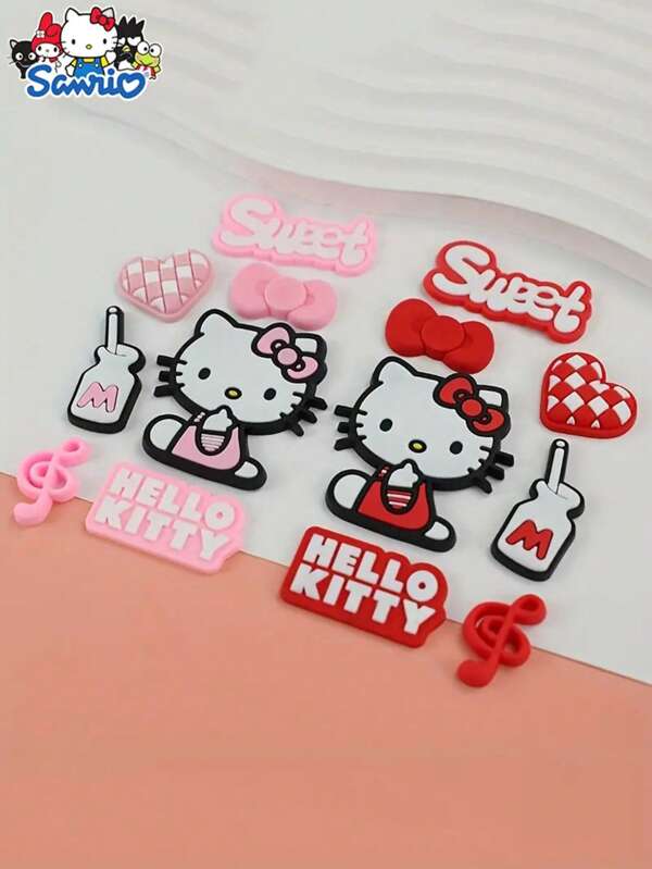 Sanrio Set de 7 piezas de decoración con temática de Kitty de Sanrio, pegatinas con forma de corazón de Kitty para decorar estuches de teléfono, tazas, refrigeradores, papelería, zapatos y botas, aplicable para zapatos, teléfonos, bolsas, mochilas, mantas, cajas y otros artículos decorativos