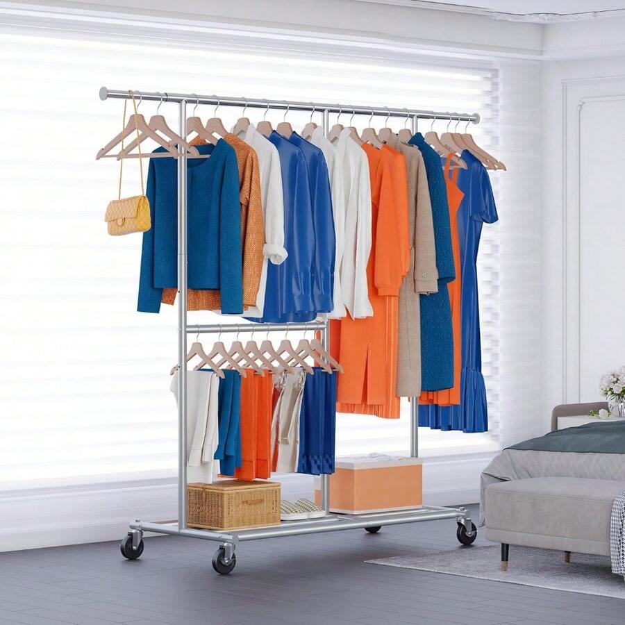 Heavy Duty Clothes Rail With Wheels, 120cm Metal Clothes Rack With Bottom Rack, 2 Tier Double Mobile Wardrobe With Adjustable Hanging Rails For Clothes, Chromed Steel, Silver - Silver - View 1