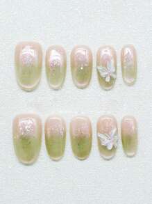 10pcs Mint Green Shimmery Cat Eye Cute Butterfly Elegant Niche Brightening Handmade Fake Nails