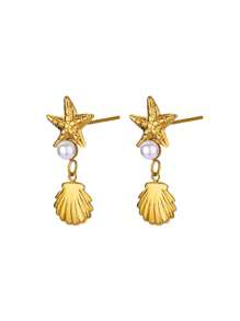 1 par de brincos com pingente de concha de estrela-do-mar, pérola falsa, para mulheres, cor dourada, aço inoxidável, joias para festa de verão na praia, presente