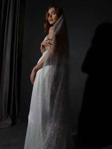 1pc White Shiny Chiffon Single Layer Blusher Veil, Suitable For Bridal Veil With Metal Comb, Women Headpiece For Easter