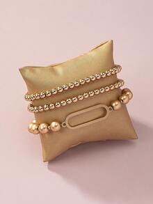 3pcs/set Fashionable Geometric Decor Beaded Bracelet For Women For Daily Decoration - Yellow Gold - View 2