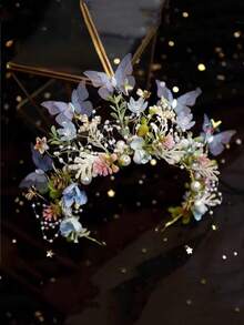 1 pieza Diadema floral de hada princesa para niñas, corona de flores dulce y linda para boda, fiesta, fotografía, playa, regalo - Guirnalda de mariposas de malla - Ver 2