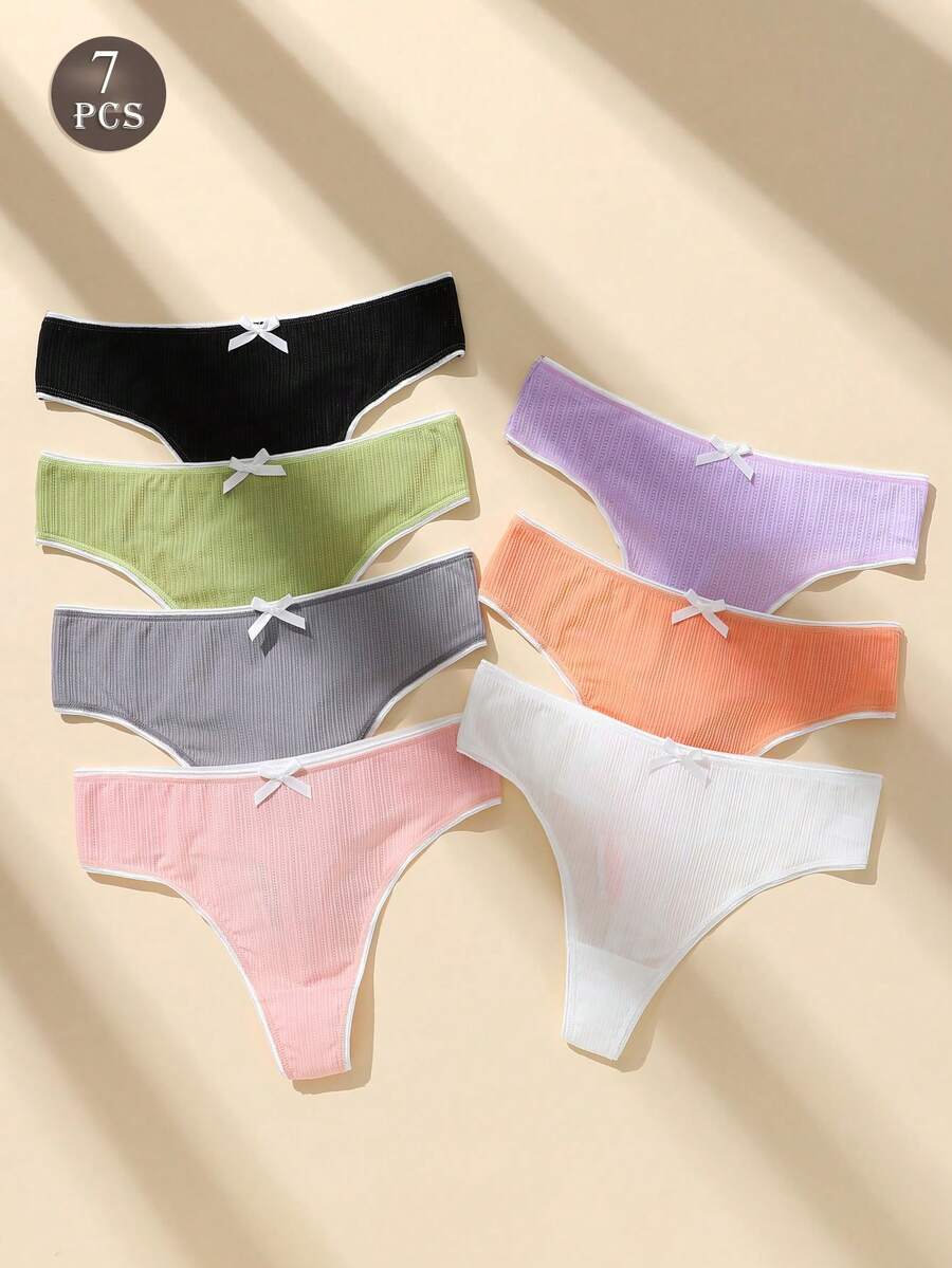 7件装女士纯色丁字裤弹性柔软蝴蝶结设计腰带女士内裤