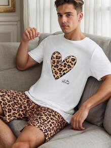 2pcs Men & Women Matching Sleepwear Set: Thin Round Neck Short Sleeve Shirt With Heart & Leopard Print + Shorts, Casual & Comfortable Lounge Set For Summer