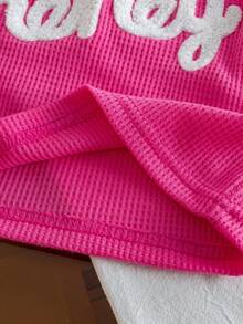 2pcs/Set Young Girl Waffle Pattern Embroidered Top And Denim Shorts Set, Summer - Hot Pink - View 6