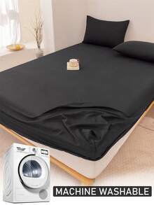 1pc Black Polyester Fitted Sheet, Soft & Breathable, Deep Pocket Design, Modern Style, Suitable For All Seasons, Suitable For Hotels - Black - View 7