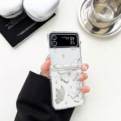 Minimalist Butterfly Design Full Coverage Folding Transparent Phone Case Compatible With Galaxy Z Flip 5 Galaxy Z Flip 4 Galaxy Z Flip 3 Galaxy Z F