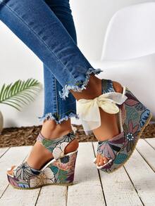 Women's Platform Sandals, Bohemian Style Wedge Sandals, Suede Casual Shoes, Vacation Style, Thick Sole Design Wedge Sandals, Fashion Versatile Platform Shoes, Waterside Casual Shoes, Style - Grey - View 3