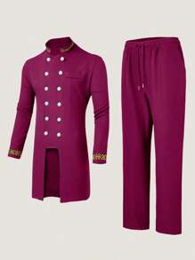 مجموعة بقطعتين لملابس الرجال: بليزر أسود ذو صدر مزدوج بطول كامل مع بنطال، مطرز بالذهبي، أكمام طويلة،ياقة عالية، بنطال ذو خصر مرن، ملابس أفريقية، قميص وبنطال كاجوال مجموعة قطعتين، جديد الموسم، مناسب للحفلات والمناسبات الرسمية والحفلات الزفاف والفعاليات الثقافية والمراسم التقليدية