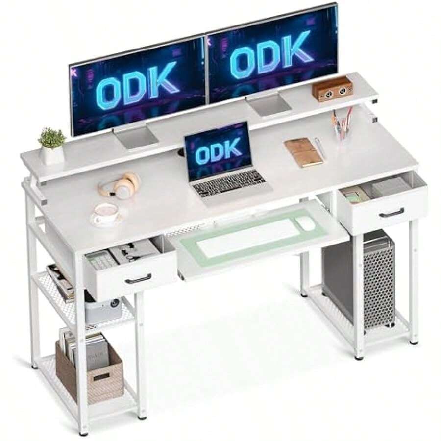 ODK Scrivania Computer Scrivania con 2 Cassetto e Vassoio per la Tastiera Scrivania da Ufficio con Supporto per Monitor Tavolo Scrivania per Ufficio e Casa 120x48x90cm Bianca 120x48x90cm