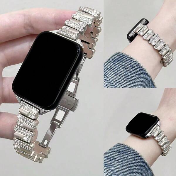 1pc Asymmetrical Rhinestone-Encrusted Metal Folding Buckle Watch Strap, Compatible With Apple Watch 38mm 40mm 41mm 42mm 44mm 45mm 46mm 49mm, Fashionable Bling Smartwatch Band For Women, Fit For Series 1-10, Ultra, SE