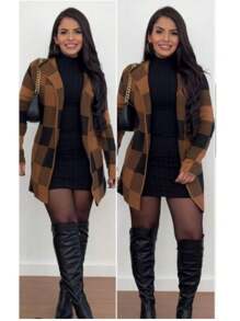 CASACO CARDIGAM XADREZ FEMININO FRIO MODA INVENO