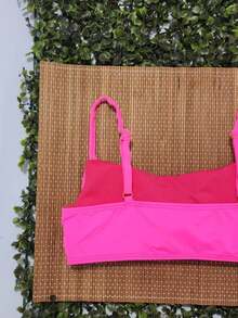 Bikini Top Simple Bandeau Thin Straps With Removable Pads And Separate Polyamide Adjuster - Hot Pink - View 3