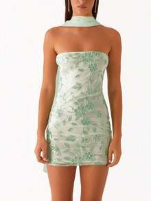 Women Sequin Sparkly Floral Tube Mini Dress With Scarf Y2k Sexy Pearl Embellished Bling Glitter Bodycon Dresses - 綠色 - 查看 1