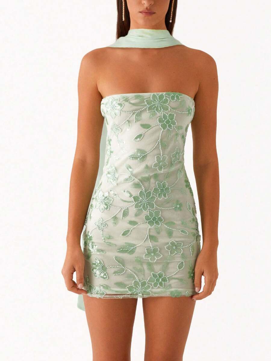 Women Sequin Sparkly Floral Tube Mini Dress With Scarf Y2k Sexy Pearl Embellished Bling Glitter Bodycon Dresses - 綠色 - 查看 1