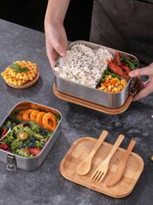 New 304 Stainless Steel Bamboo Lid Bento Lunch Box, Japanese Style Rectangular Outdoor Food Container, Airtight Wood Cover, Camping Cooking, Vintage Retro Picnic Lunch Box
