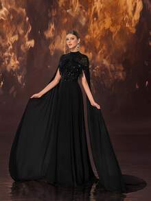DELLA COUTURE Black Fringe-Trimmed Flowing Long Evening Gown With Floor-Length Sleeves, An Elegant Formal Women's Gown Perfect For Parties, Balls, And Other Formal Occasions. - Black - View 5