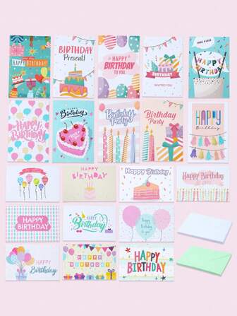 20 piezas Juego de tarjetas de felicitación de cumpleaños, incluye sobres, decoraciones de fiesta de cumpleaños, regalos de cumpleaños, recuerdos de fiesta, deseos de tema de dibujos animados creativos, adecuado para cualquier persona