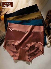 4 Pcs Of Women's Large Size Non-Marking Solid Color Sexy Satin Bow Ruffled Edge Mid-Waist Hip Lift Triangle Panties