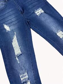 1pc Men Skinny Distressed Denim Jeans, Elastic Breathable Casual Cargo Pants With Pockets, Solid Color Suitable For Urban Walking, Family Outdoor Activities, All Season - Màu xanh lam - Xem 5