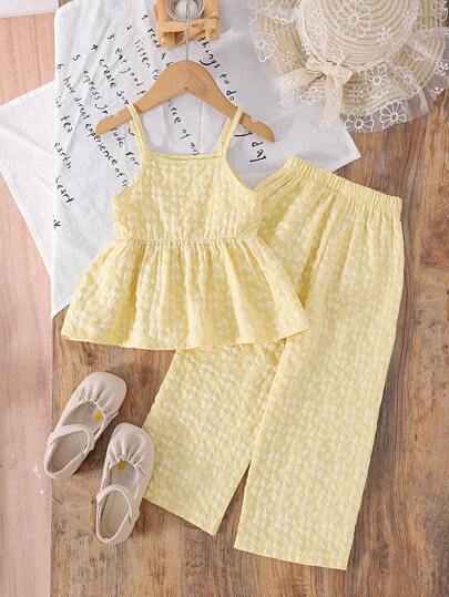 2pcs/Set Young Girl' Jacquard Sleeveless Camisole And Pants Sets, Summer