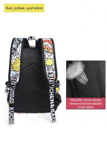 男女通用时尚鲨鱼嘴印花背包/单肩包，撞色蓝色闪电图案学校/笔记本电脑包，配有可调节肩带，随机全身印花