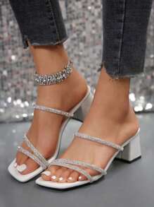 2025 New Women's Crystal Embellished Block Heel Open Toe Slide Sandals, Outdoor Party Mid Heel Slippers