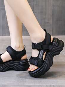 Women's Summer Wedge Platform Sports Sandals With Hook And Loop & Letter Strap, Comfortable Student Flip Flops