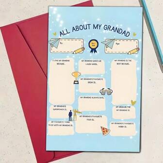 1 件有趣的父亲节贺卡，适合爷爷 - “关于我爷爷的一切”清单，创意感谢和生日贺卡，蓝色带星星和奖杯设计，是送给爷爷、爷爷生日或父亲节贺卡的完美礼物