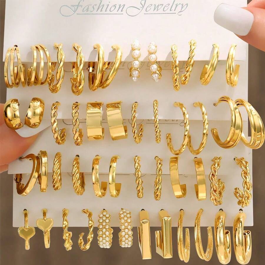 48pcs Women's Fashionable Multi-Element Earrings Set - Yellow Gold - View 1