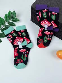 2 Pairs Cute Mushroom Print Design Women's Mid-Calf Socks Colorful Casual Crew Socks For Daily Wear - Multicolor - View 3